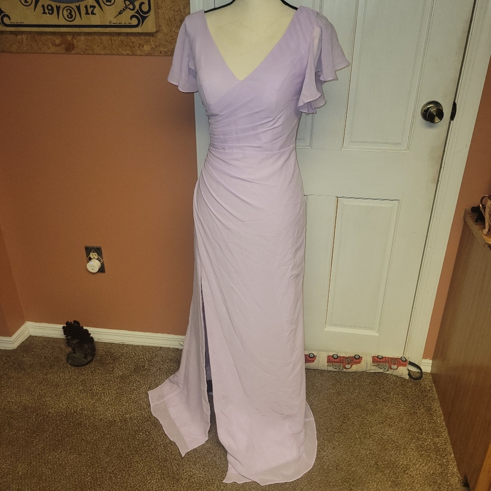 Elegant Lavender V-Neck Ruffle Sleeve Evening Dress NO CORSET TIE